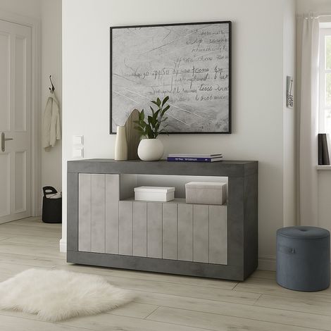 Dmora - Kommode Ledro, Wohnzimmerbuffet, Wohnzimmer-Sideboard, Moderne Küchen-Speisekammer, Made in Italy, 138x42 h86 cm, Schiefer und Zement (1/5)