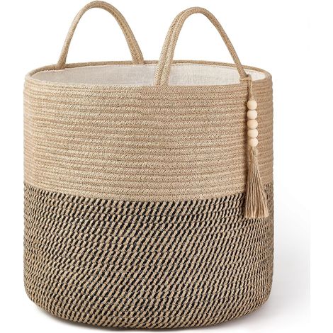 Schwarzer und gelber geflochtener Hanf-Aufbewahrungskorb, 28 x 28 x 28 cm, verziert mit Naturseil, für Wohnzimmer und Inneneinrichtung. (1/5)