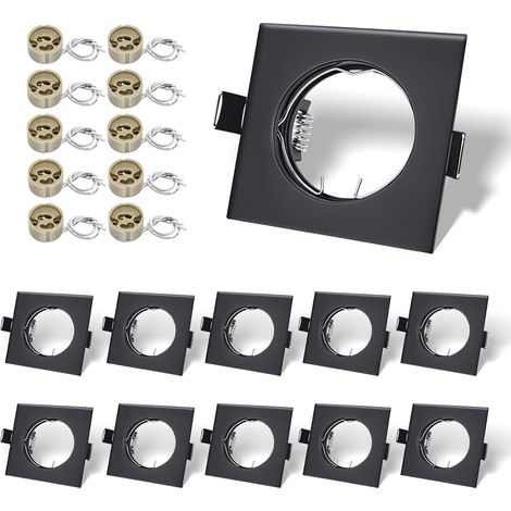 Lot de 10 Cadres Encastrables Carrés Noir Mat avec Douille GU10 VDE – 82x82 mm, Découpe 55-70 mm, Incl. Ressorts – Ampoule Non Fournie