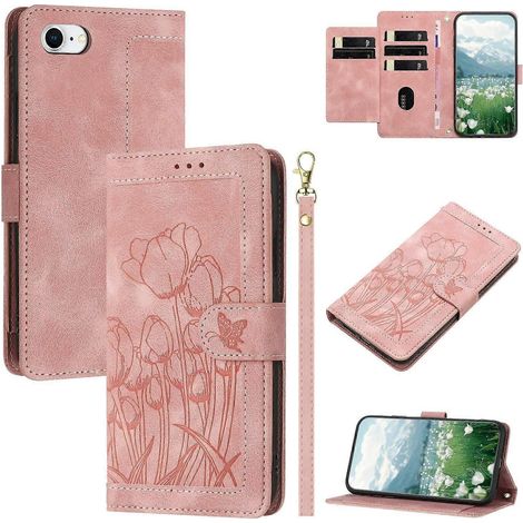 Coque en cuir pour iPhone SE (2022) SE (2020) 8 7 6s 6 Tulip Phone Cover avec 5 emplacements pour cartes Wallet - Pi (1/5)