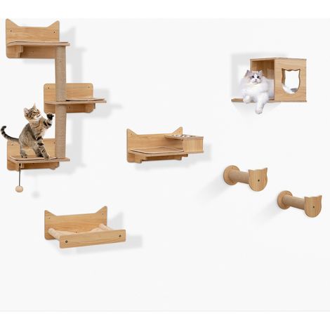 Costway – Arbre à chat mural en bois – 6 éléments modulables – 3 niveaux avec hamac et plateforme – 2 gamelles en acier inoxydable – Installation facile