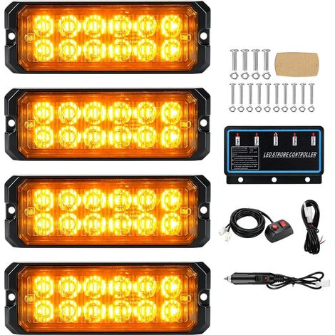 Lot de 4 feux d'avertissement à 12 LED orange - 12 V/24 V - 40 W - Avec 12 modes stroboscopiques clignotants - IP67 - Pour voiture, camion, tracteur, camion (Jaune) (1/5)