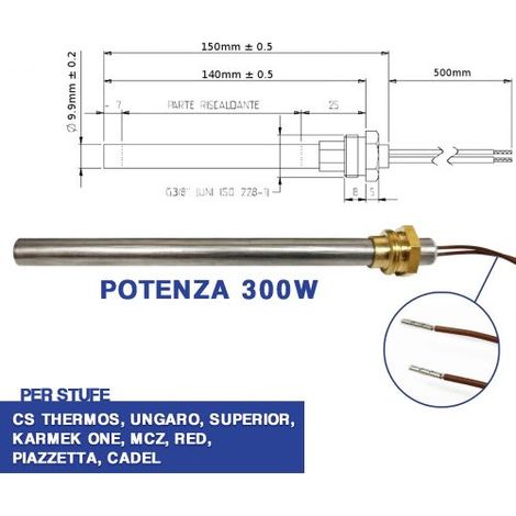 CANDELETTA ACCENSIONE STUFA PELLET RESISTENZA D 10 X 140 300W A VITE 3/8 (04050) (1/5)