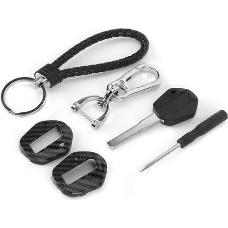 Clé de contact de moto avec boîtier à lame en cuivre non poli, aspect fibre de carbone, et dragonne pour éviter de la perdre. (1/5)