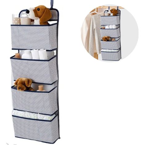 Organizador colgante con 4 bolsillos, estante colgante plegable con 2 ganchos para toallas, pañales, juguetes en la habitación de los niños, armario, sobre la puerta o montaje en la pared.