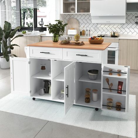Desserte de cuisine 129 x 71 x 91,5 cm, plateau rabattable, bois massif, blanc (1/5)