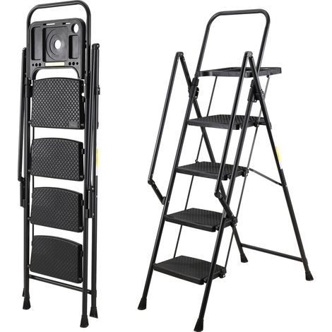 Escalera plegable de 4 peldaños de acero con pasamanos, antideslizante, negra (1/5)
