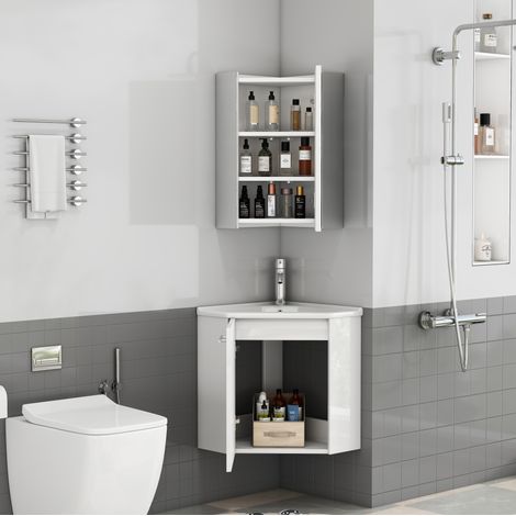 Mobile lavabo angolare 41,5x41,5x50 cm MDF bianco con specchio, già montato - CHICFURN (1/5)