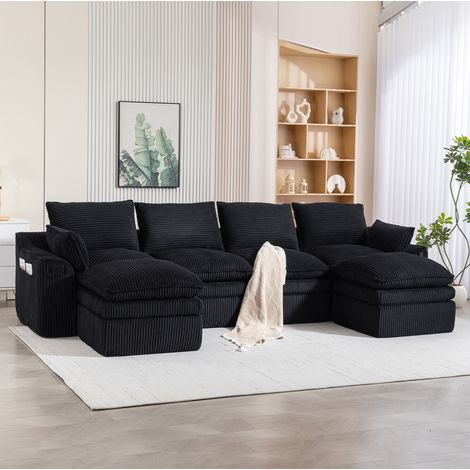 Divano modulare 4 posti in velluto a coste nero con 2 pouf, cuscini e tasche laterali DESVIAE (1/5)