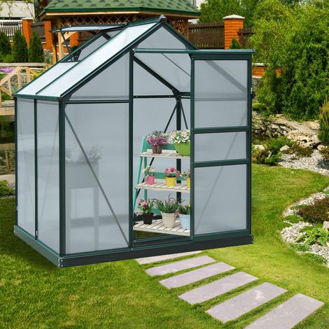 Serre de jardin polycarbonate 190 x 132 x 201 cm résistant aux UV fondation 30+ renforcé gouttière vert foncé (1/4)