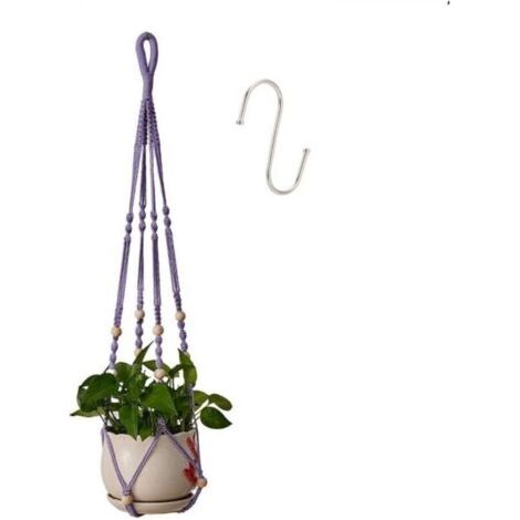 Support Suspension pour plantes d'intérieur en corde de coton violet, 85 cm avec perles en bois - 1 paire, décoration intérieure (1/4)