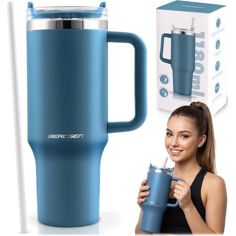 Taza termo Berdsen con pajita, 1180 ml, azul marino (1/5)