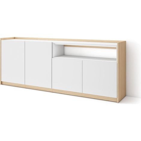 Skraut Home - Aparadores para salón, 207x37x80cm, 4 Puertas, Armario, zapatero, Blanco y roble soft (1/5)