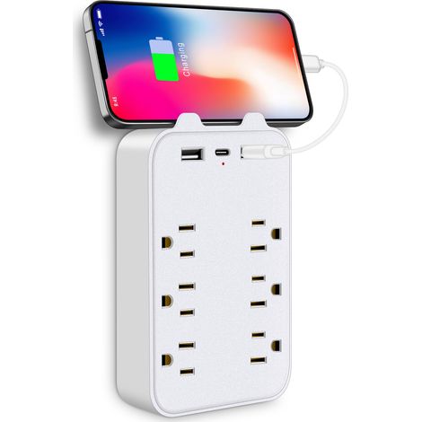 Prises Multiples 6 Prises, Protecteur de Surtension Murale avec 3 Ports USB (1 USB-C, 2 USB-A), Adaptateur Secteur avec Support Téléphone, Multiprise pour Voyage, Maison, Bureau (1/5)