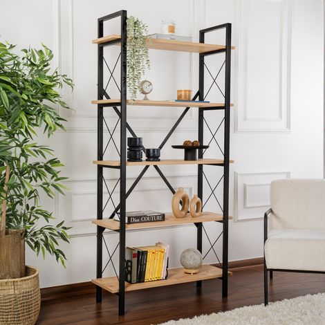 Bibliothèque en chêne et noir – Cadre métallique moderne – Dimensions 90x180cm – 5 étagères pour salon et bureau (1/4)