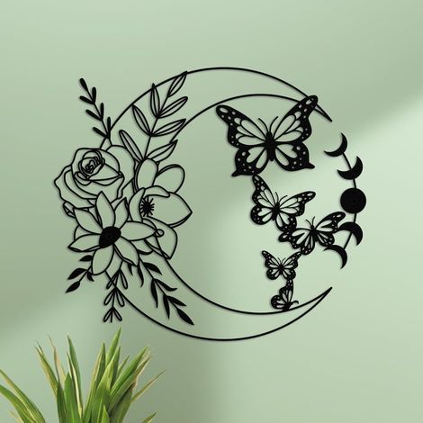 Décoration murale en métal papillon et lune 32 x 28 cm Design élégant pour intérieur et extérieur Résistant à la rouille (1/4)