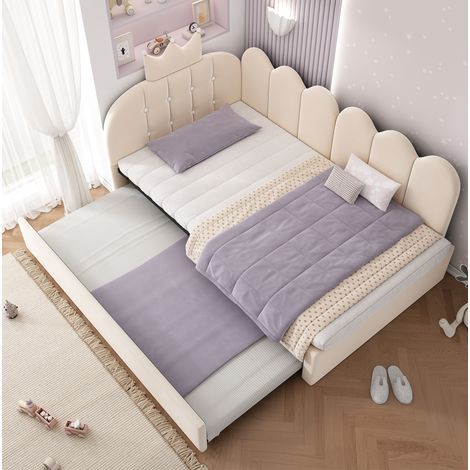 Cama nido 90x200 cm beige de terciopelo con cama extraíble y cabecero corona (1/5)