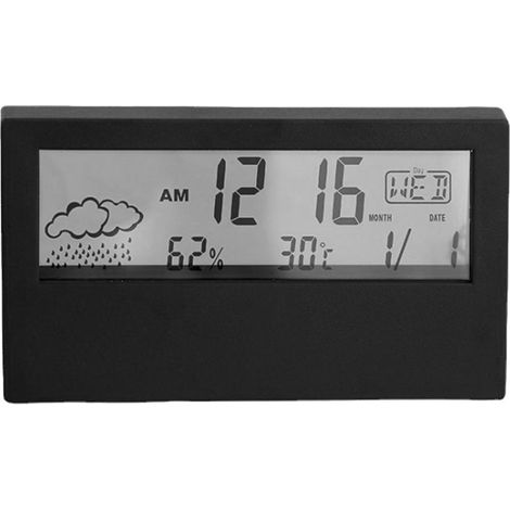 Reloj despertador digital, pantalla LCD, pronóstico del tiempo, termómetro, alarma, funciona con pilas, de escritorio (1/5)
