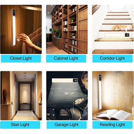 35 LED Lampe d'armoire en bois de camphre, veilleuse rechargeable, éclairage sous meuble à détection de mouvement sans fil avec gradation infinie, 25 cm couleur bois, pour cuisine, dressing, escalier, (1/4)