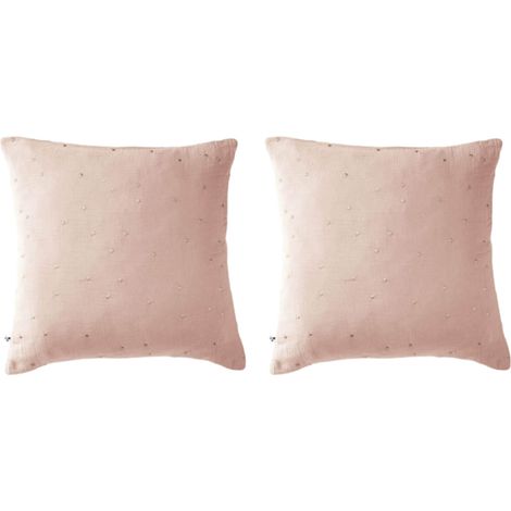 Lot de 2 taies d'oreillers à pois brodés double gaze de coton rose 60x60 (1/2)