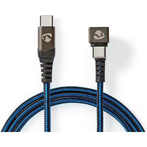 Cable usb usb 20 usb c male usb c male 480 mbps plaque or 200 m rond tresse nylon bleu noir boite avec fenetre couverte 38754 (1/5)