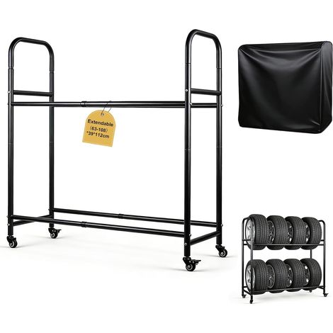 Pneus Étagère Réglable jusqu'à 8 Roues, Longueur 63-108cm, avec Housse de Protection et Roulettes Pivotantes, Rack Rangement pour Atelier, Garage, Porte-jantes, Acier Revêtu Noir Capacité 200kg (1/5)