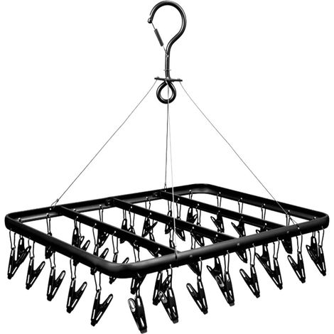 Étendoir à linge pliable avec 41 pinces à linge (noir), crochets carrés pivotants à 360°, étendoir à linge suspendu en acier inoxydable avec crochets en acier inoxydable, étendoir à linge pliable (noi (1/5)