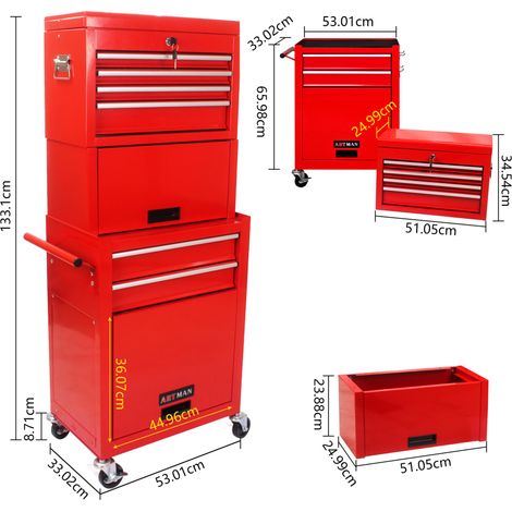 Armario de herramientas 6 cajones con ruedas y cerradura, 2 en 1 desmontable, acero rojo HAVRYA (1/5)