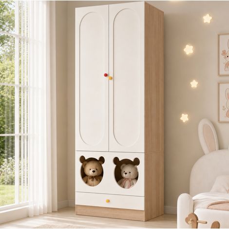 Armoire enfant 2 portes avec penderie et tiroirs, 80 x 50 x 200 cm HAVRYA (1/5)