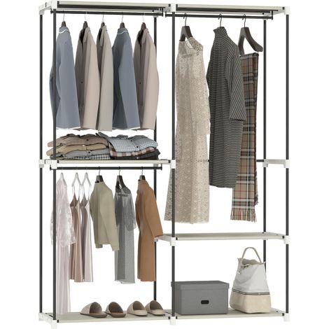 Armoire ouverte avec 4 étagères en tissu, 3 trengles, structure en métal, 142 x 43 x 185 cm, crème