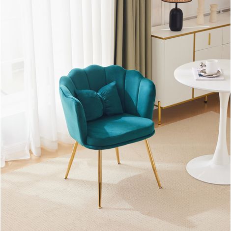 Sillón de terciopelo verde con respaldo floral y patas metálicas doradas,63 x 58 x 77 cm (1/5)