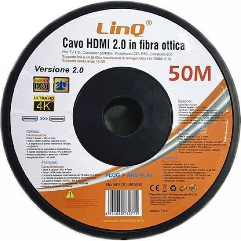 Linq - Cavo Hdmi In Fibra Ottica Ultra Hd 4k 50mt Tv Hd Computer Proiettore Lcd Foc-8k50m -