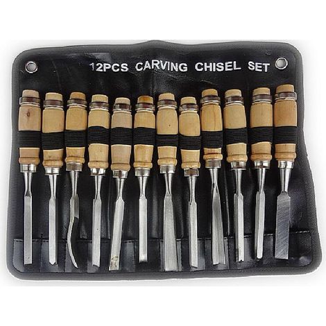 Set mit 12 Holzmeißeln aus legiertem Stahl – Holzgriffe für optimale Kontrolle – Inklusive Aufbewahrungstasche – 20 cm Länge (1/5)