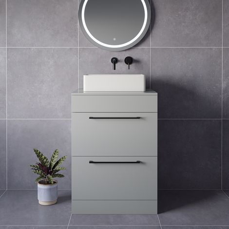 Napoli 460 Gloss Grey Pearl 600mm 2 Drawer Vanity Unit for Countertop Basins - 600mm - Matt Black 320mm Handle