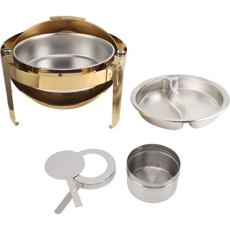 Réchaud de buffet 6L acier inoxydable, chauffe-plat rond à alcool avec couvercle transparent, bac alimentaire, pour événements fêtes, or, 2 compartiments (1/5)