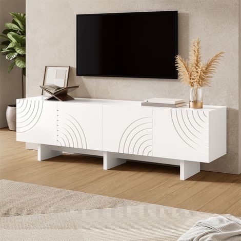 Meuble TV 4 Portes - 170x35x50cm - Lowboard de Salon avec Motifs Arcs Géométriques en Relief - Blanc (1/5)