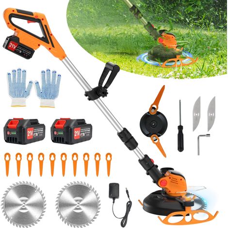 Debroussailleuse Electrique sans Fil, Débroussailleuse à Gazon Pliable avec 2 Batteries et 3 Types de Lames, Poignée réglable, Coupe Bordures pour la Coupe de Jardin