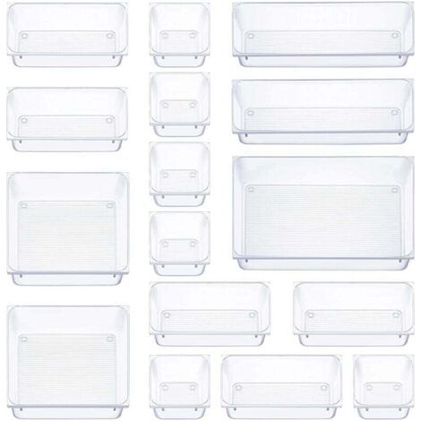 16-teiliger Schubladenorganizer, 5 Größen von Schubladenboxen, rutschfester Make-up-Organizer, für Bürobedarf, Kommode, Badezimmer, Küche (transparent)