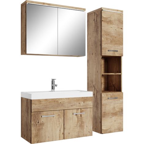 Badplaats Set Mobili Bagno Paso 80 x 40 cm - Rovere Castagno - Mobile con Specchio Contenitore e Pensile (1/5)