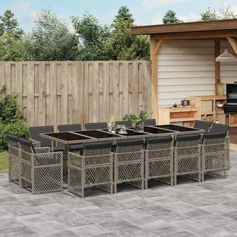 15-tlg. Garten-Essgruppe mit Kissen Grau Poly Rattan