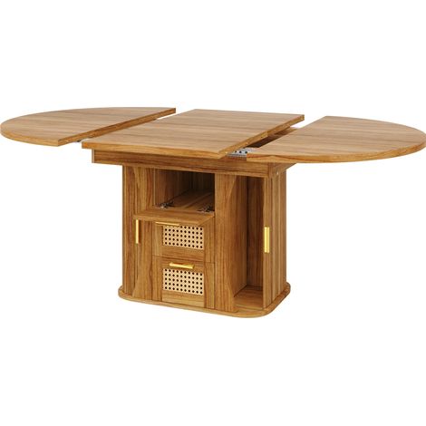 Table à manger extensible avec rangement et tiroirs en rotin, MDF noir/naturel/marron, 118-158 cm (1/5)