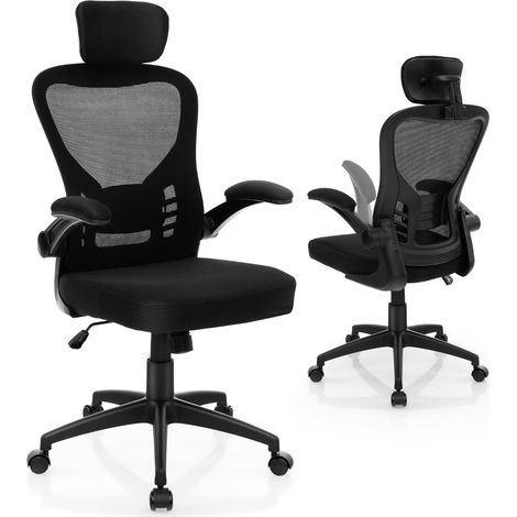 Sedia da ufficio ergonomica in rete con altezza regolabile braccioli ribaltabili, Sedia direzionale per studio Nero (1/3)