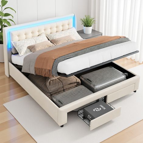 Superaly Lit Coffre à Rangement Hydraulique 180x200 cm, Avec 2 tiroirs de rangement, lit Double Rembourré, Éclairage LED télécommande, sommier à lattes, Style Moderne, Velours， Beige(Sans Matelas) (1/5)