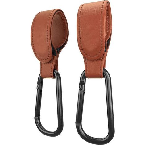 Lot de 2 crochets en cuir PU marron pour poussette, chaise haute et poignée, avec boucle et velcro. (1/5)