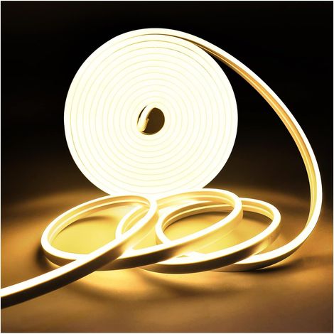 Ruban LED Néon, Bande LED DC 12V 5M 120 LEDs/M Total 600 LEDs 3000K Blanc Chaud IP65 étanche Bandes Lumineuses LED Souple pour Chambre, Bar, Salle de Jeux, Anniversaire, Fête de Noël [Classe énergétiq (1/5)