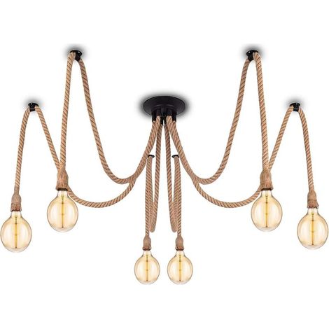 Suspension industrielle rétro en chanvre – Lustre 6 têtes avec câbles textile 2m – Douille E27 pour salle à manger, bar, café (1/5)