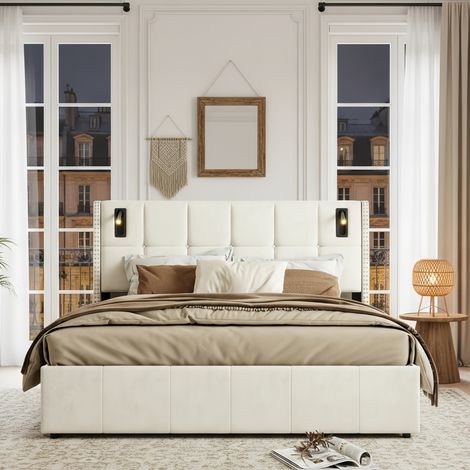 Lit coffre 140x190, lit double avec rangements - avec 2 liseuse, USB et Type-C - sommier à lattes, flanelle - Beige (1/5)