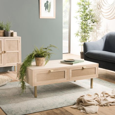 Macabane – Table basse fixe 110x60x40 cm – Bois clair MDF plaqué frêne – 2 tiroirs en toile de jute – Pieds métal doré (1/5)