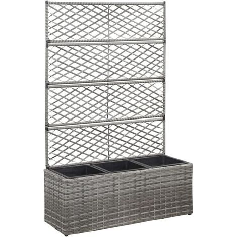 Jardinière surélevée en treillis métallique avec 3 pots de fleurs, mesurant 83x30x130 cm, en résine tissée grise. (1/5)