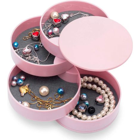 Coffret à Bijoux Rose, Petite Boîte à Bijoux avec Porte-Boucles d'Oreilles pour Femme, Rangement de Bijoux 4 Étagères Pivotantes, Boîte de Rangement Accessoires avec Couvercle (1/5)